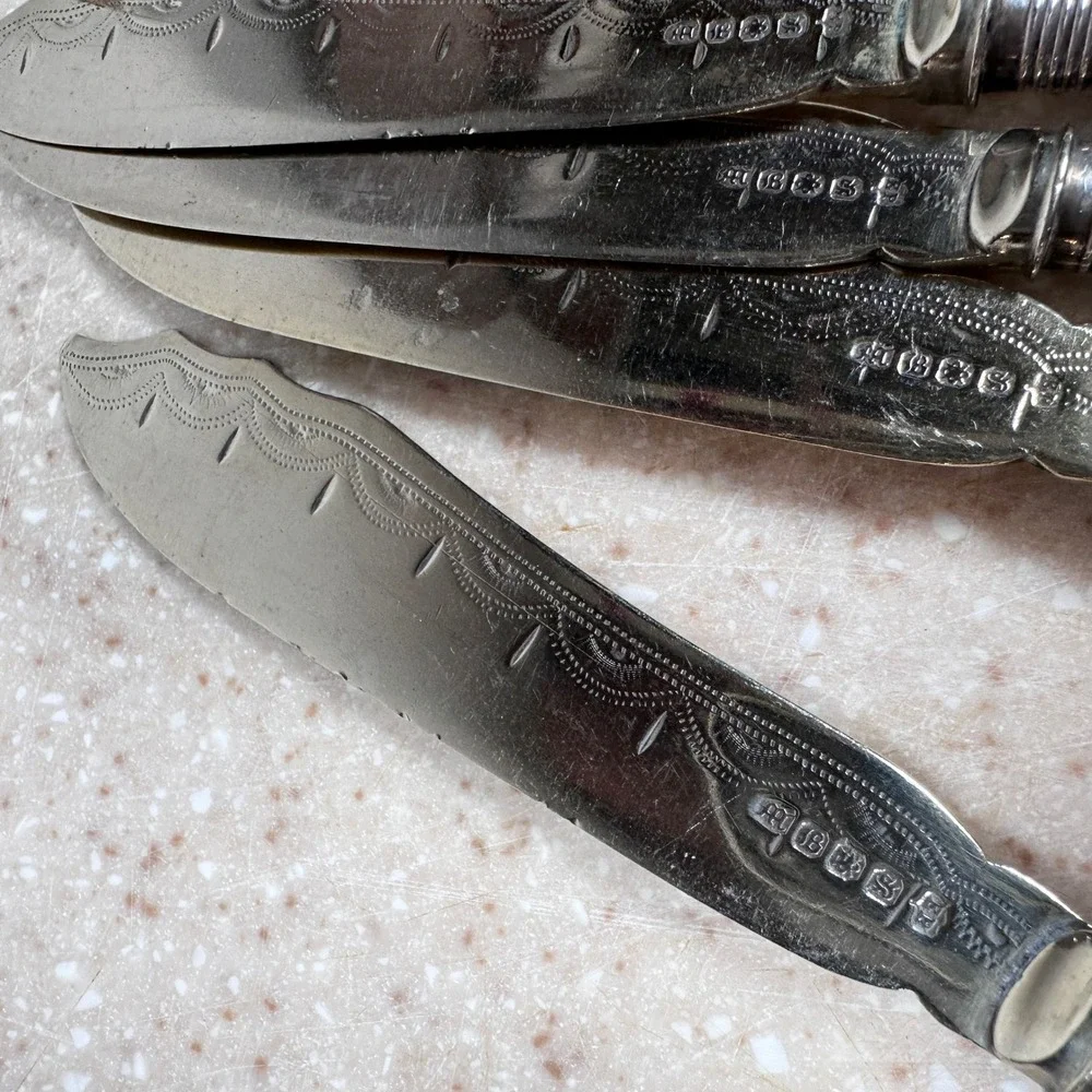 Silver‎ Plate Fish Knives Forks Set Vintage EP MB Sheffield Ornate Blades 8pc